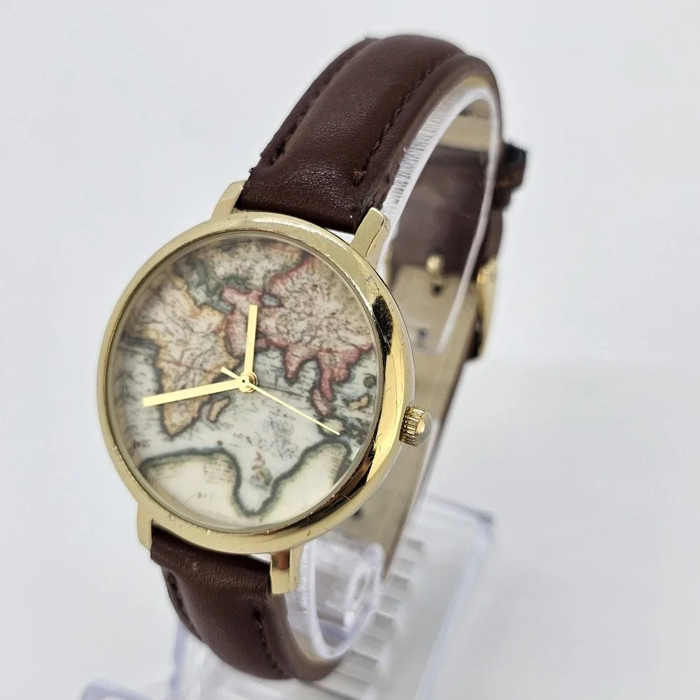 Women's World Map Watch 36MM Multicolor Dial Brown Leather Bands NEW Battery